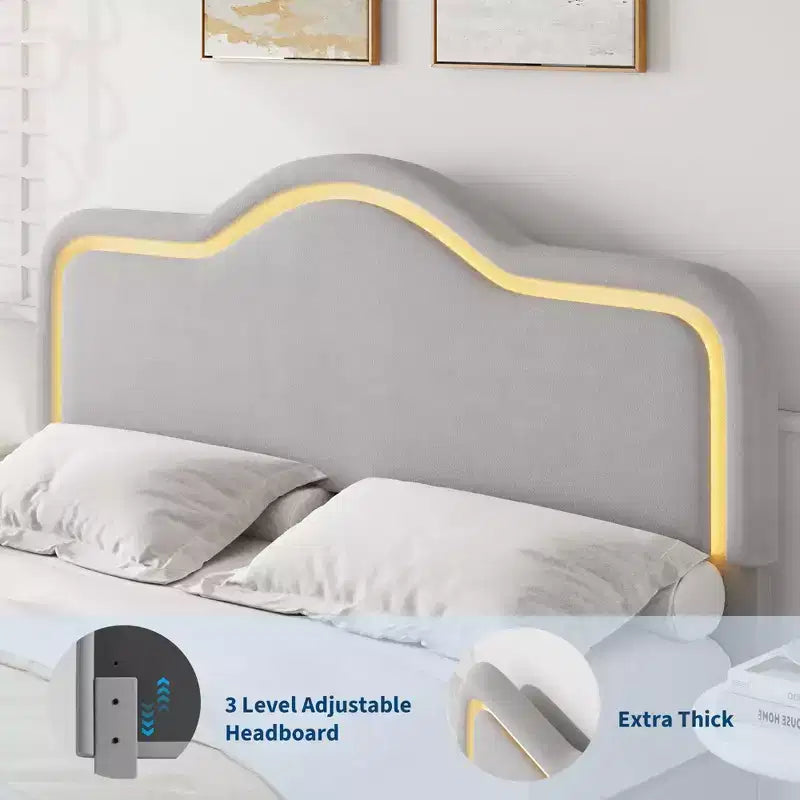 All Size Bed Frame with Adjustable LED Headboard and Footboard, Velvet Upholstered Princess Platform Bedframe for Kids, No Box Spring Needed