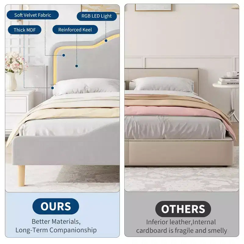 All Size Bed Frame with Adjustable LED Headboard and Footboard, Velvet Upholstered Princess Platform Bedframe for Kids, No Box Spring Needed