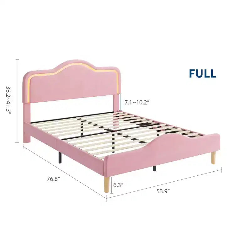 All Size Bed Frame with Adjustable LED Headboard and Footboard, Velvet Upholstered Princess Platform Bedframe for Kids, No Box Spring Needed