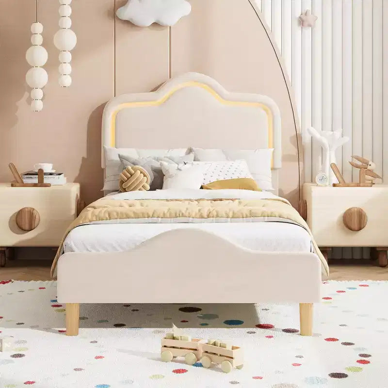 All Size Bed Frame with Adjustable LED Headboard and Footboard, Velvet Upholstered Princess Platform Bedframe for Kids, No Box Spring Needed