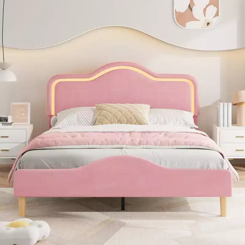All Size Bed Frame with Adjustable LED Headboard and Footboard, Velvet Upholstered Princess Platform Bedframe for Kids, No Box Spring Needed