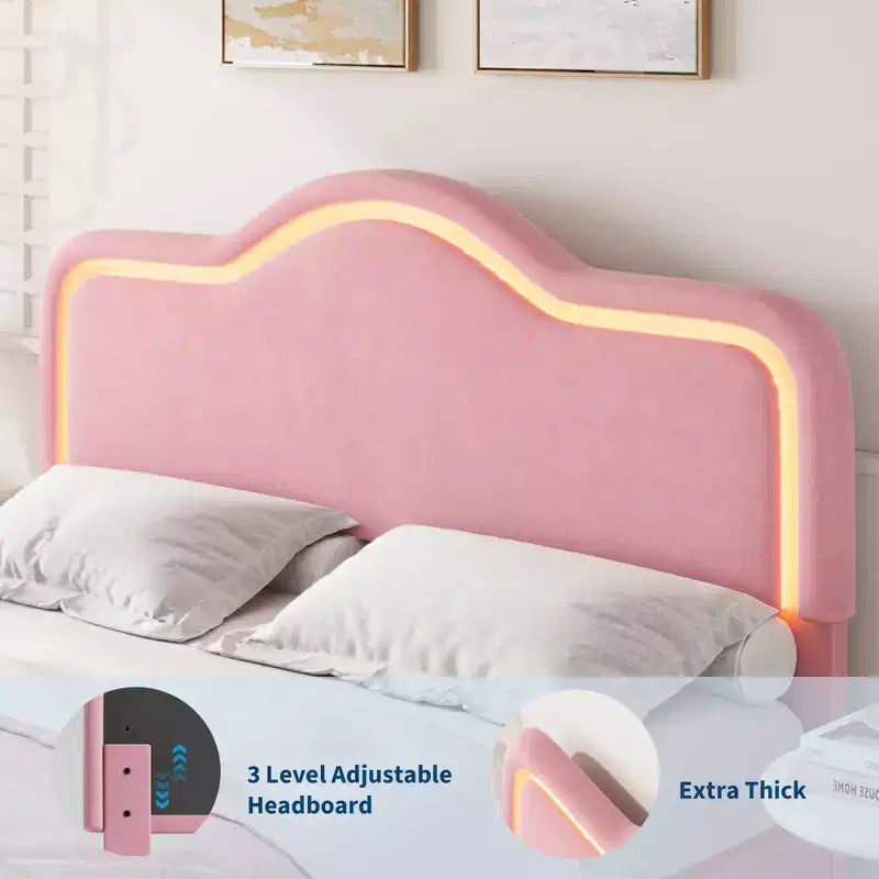 All Size Bed Frame with Adjustable LED Headboard and Footboard, Velvet Upholstered Princess Platform Bedframe for Kids, No Box Spring Needed