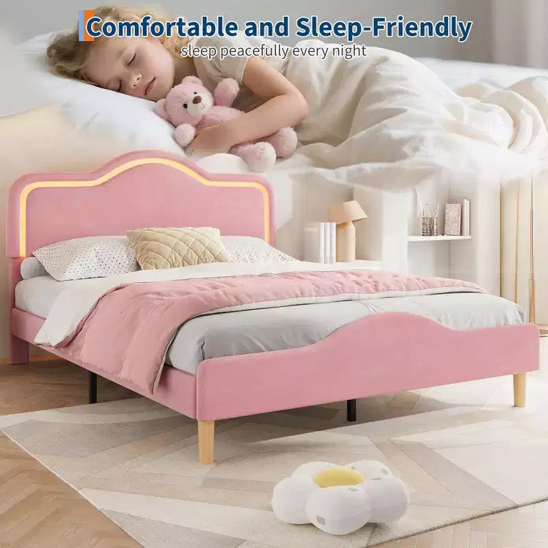 All Size Bed Frame with Adjustable LED Headboard and Footboard, Velvet Upholstered Princess Platform Bedframe for Kids, No Box Spring Needed