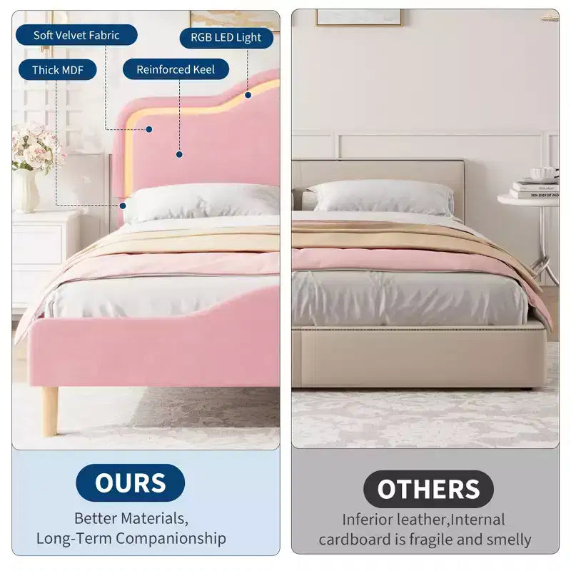 All Size Bed Frame with Adjustable LED Headboard and Footboard, Velvet Upholstered Princess Platform Bedframe for Kids, No Box Spring Needed