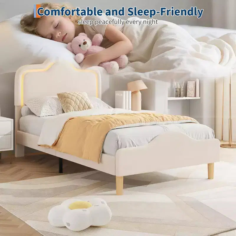 All Size Bed Frame with Adjustable LED Headboard and Footboard, Velvet Upholstered Princess Platform Bedframe for Kids, No Box Spring Needed