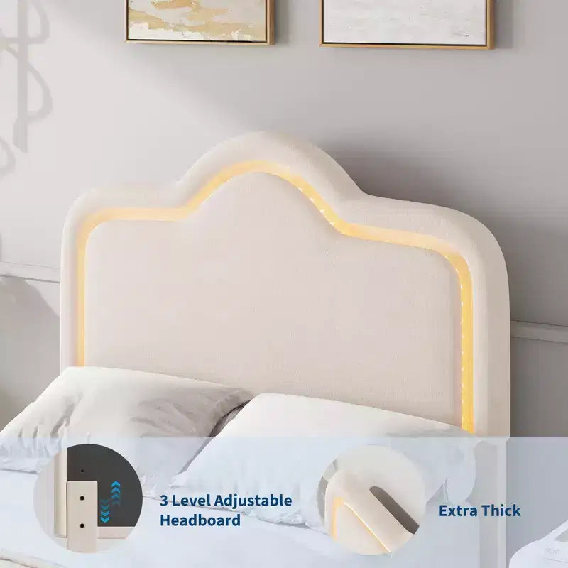 All Size Bed Frame with Adjustable LED Headboard and Footboard, Velvet Upholstered Princess Platform Bedframe for Kids, No Box Spring Needed
