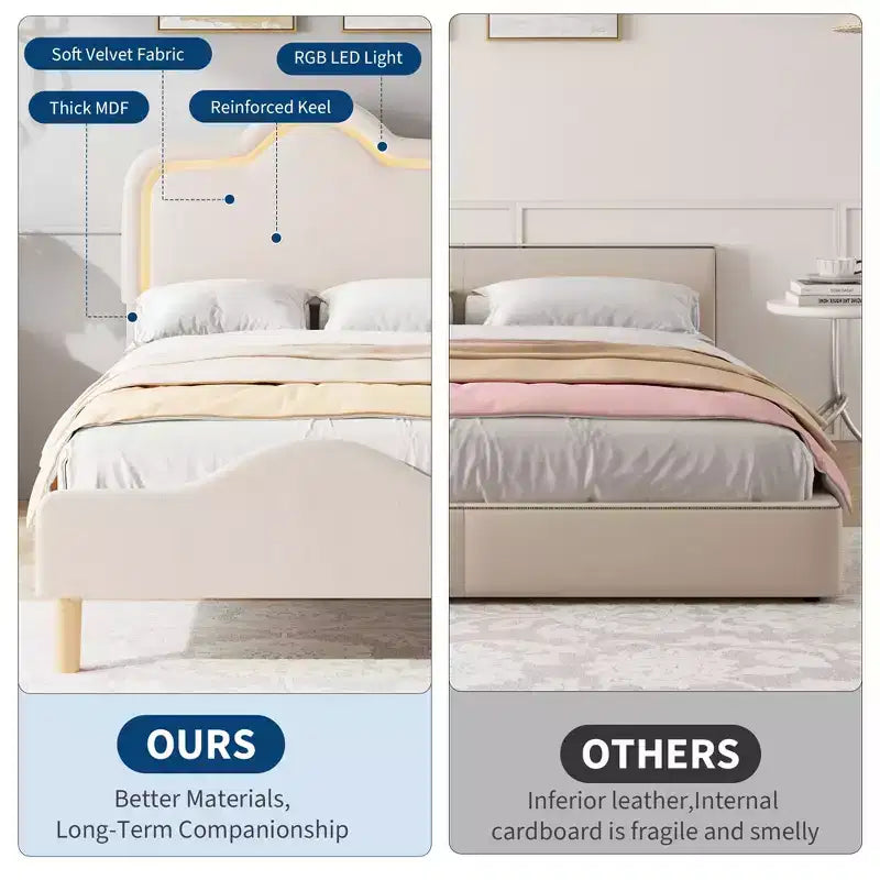 All Size Bed Frame with Adjustable LED Headboard and Footboard, Velvet Upholstered Princess Platform Bedframe for Kids, No Box Spring Needed