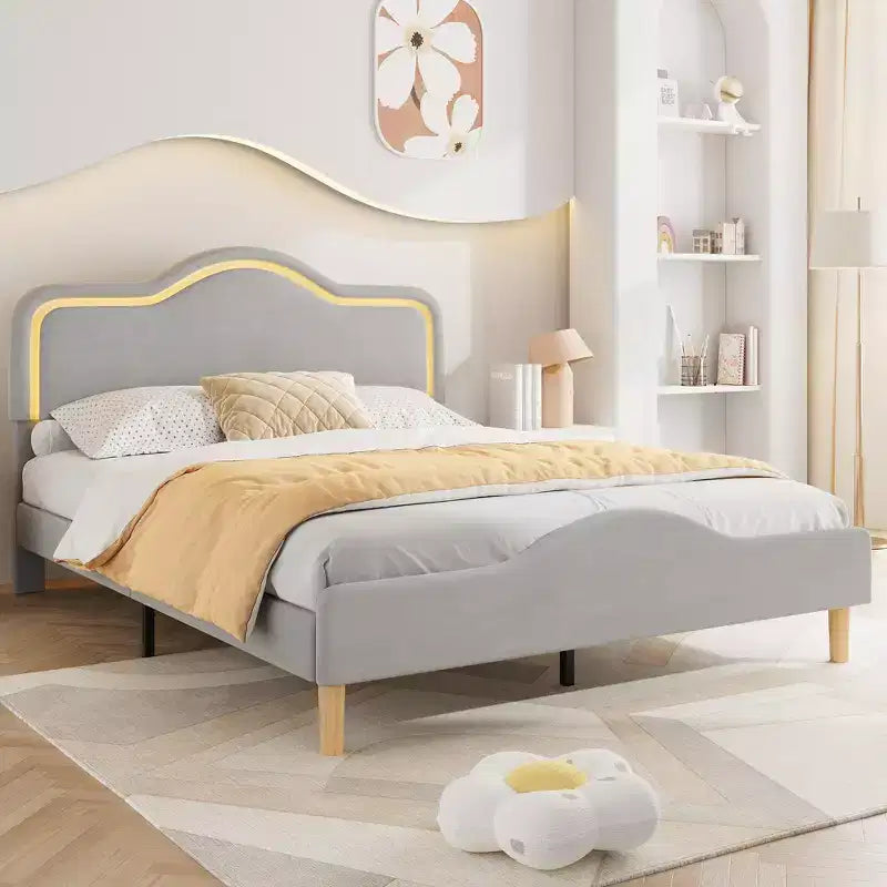 All Size Bed Frame with Adjustable LED Headboard and Footboard, Velvet Upholstered Princess Platform Bedframe for Kids, No Box Spring Needed