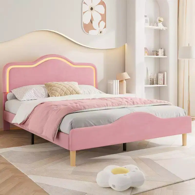 All Size Bed Frame with Adjustable LED Headboard and Footboard, Velvet Upholstered Princess Platform Bedframe for Kids, No Box Spring Needed