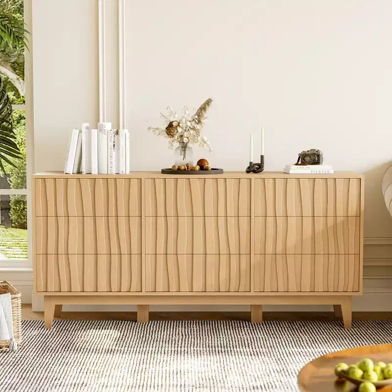 Fluted 6 Drawer Dresser for Bedroom, 59in Large Mid Century Modern Wooden Chest Dresser TV Stand with Curved Profile Design for Closet Hallway