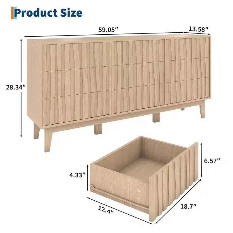 Fluted 6 Drawer Dresser for Bedroom, 59in Large Mid Century Modern Wooden Chest Dresser TV Stand with Curved Profile Design for Closet Hallway