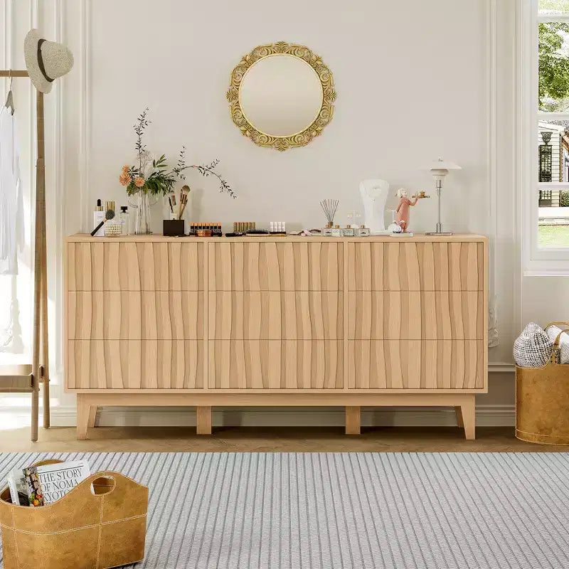 Fluted 6 Drawer Dresser for Bedroom, 59in Large Mid Century Modern Wooden Chest Dresser TV Stand with Curved Profile Design for Closet Hallway