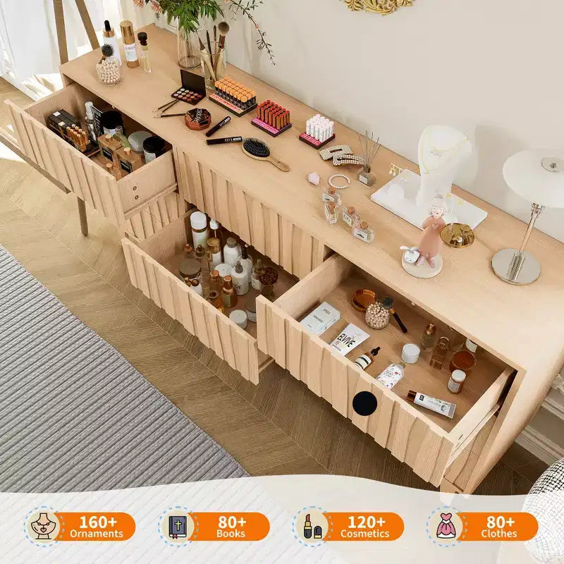 Fluted 6 Drawer Dresser for Bedroom, 59in Large Mid Century Modern Wooden Chest Dresser TV Stand with Curved Profile Design for Closet Hallway