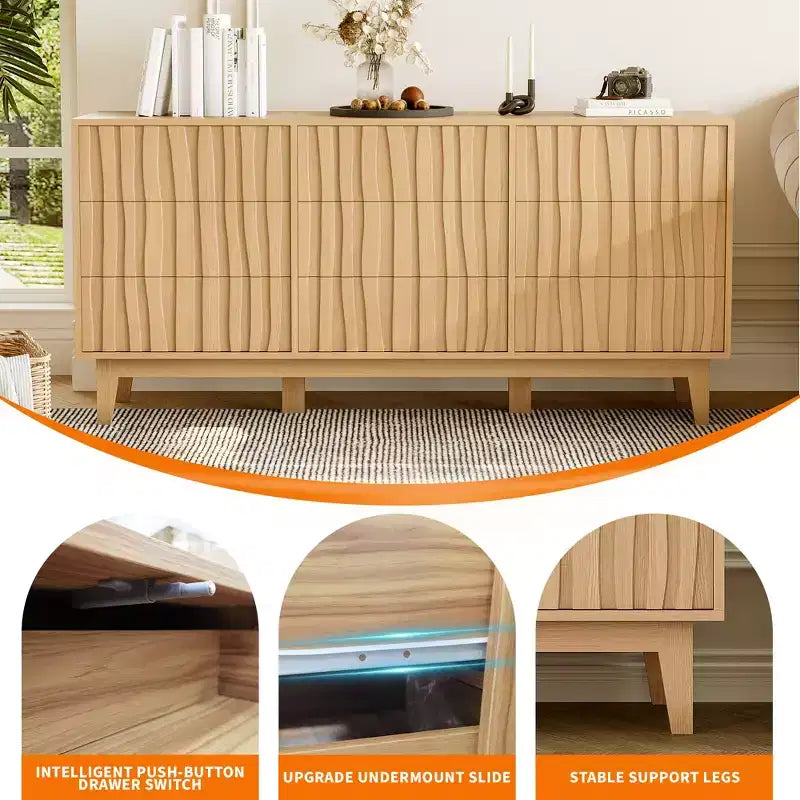 Fluted 6 Drawer Dresser for Bedroom, 59in Large Mid Century Modern Wooden Chest Dresser TV Stand with Curved Profile Design for Closet Hallway