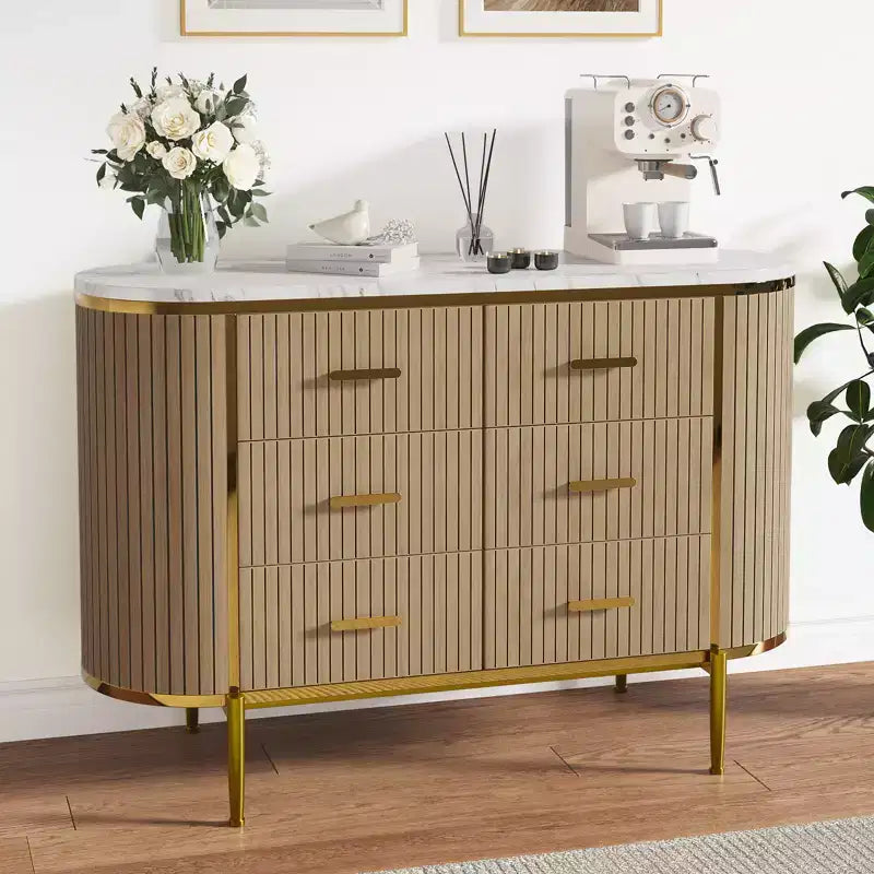 Fluted 6 Drawer Dresser for Bedroom, 59in Large Mid Century Modern Wooden Chest Dresser TV Stand with Curved Profile Design for Closet Hallway