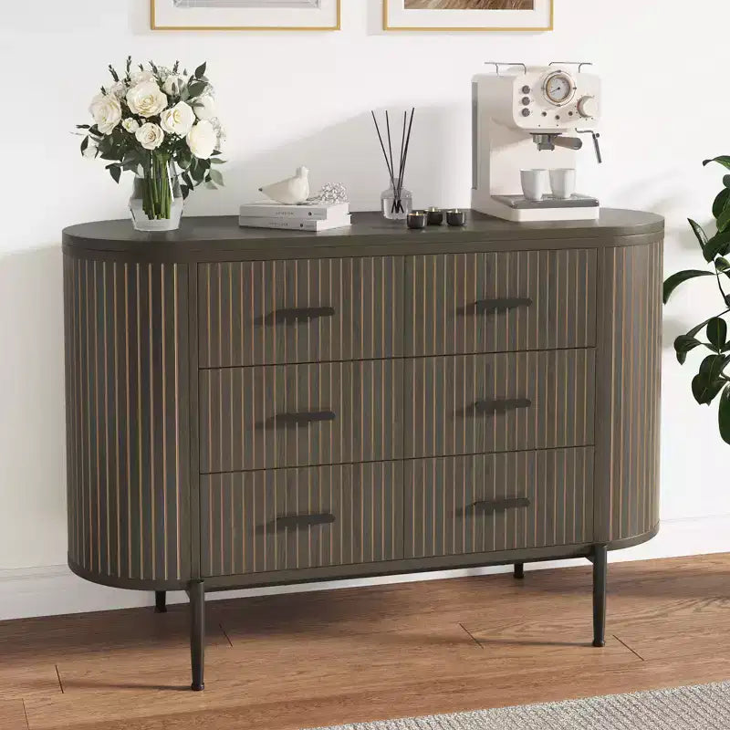 Fluted 6 Drawer Dresser for Bedroom, 59in Large Mid Century Modern Wooden Chest Dresser TV Stand with Curved Profile Design for Closet Hallway