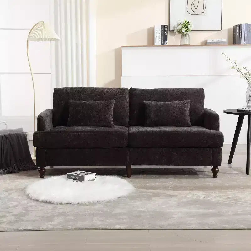 PexFix 69 Mid Century Modern Chenille Fabric Loveseat Sofa 2-Seat Upholstered Loveseat Sofa Couch for Living Room Bedroom Brown Wood Feet Sofa