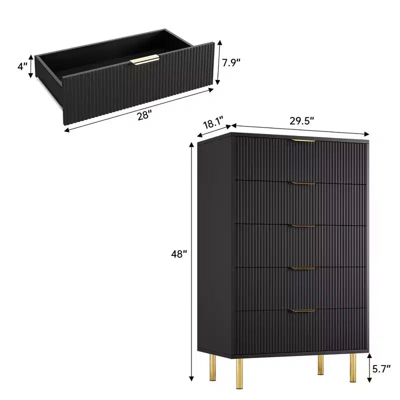 Acekool White 5 Drawer Dresser for Bedroom, Modern Storage Chest with Gold Handles, Large Drawers, Organizer Cabinet for Living Room, Hallway, Office