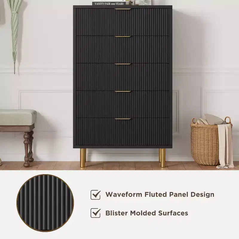 Acekool White 5 Drawer Dresser for Bedroom, Modern Storage Chest with Gold Handles, Large Drawers, Organizer Cabinet for Living Room, Hallway, Office