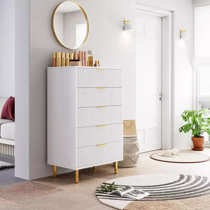 Acekool White 5 Drawer Dresser for Bedroom, Modern Storage Chest with Gold Handles, Large Drawers, Organizer Cabinet for Living Room, Hallway, Office