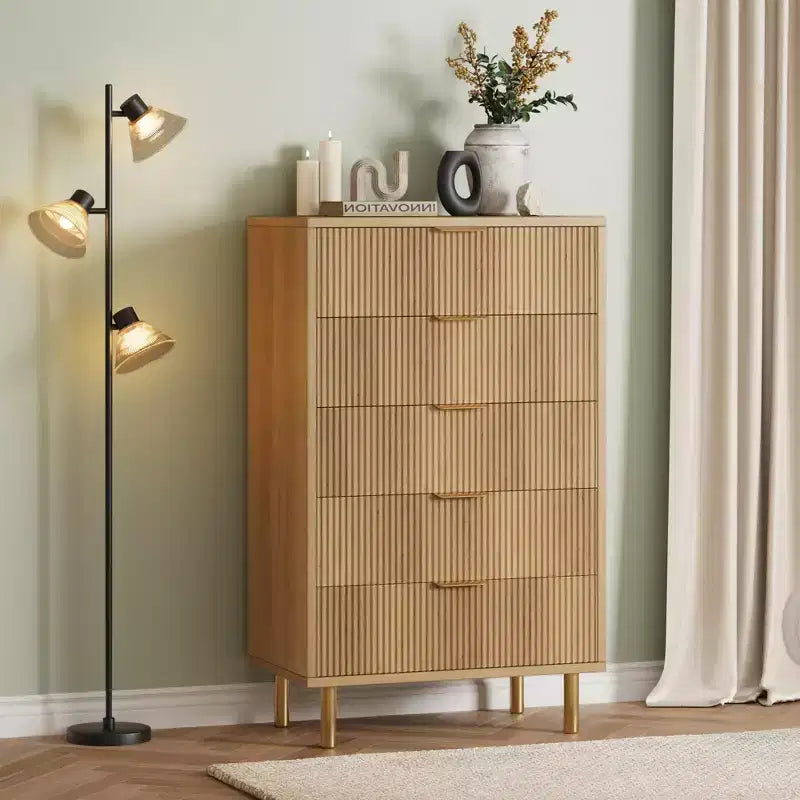 Acekool White 5 Drawer Dresser for Bedroom, Modern Storage Chest with Gold Handles, Large Drawers, Organizer Cabinet for Living Room, Hallway, Office