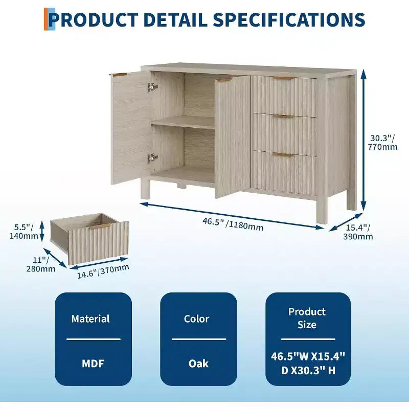 Acekool Modern Fluted 3-Drawer Sideboard Buffet Cabinet, Storage Cabinet for Kitchen or Living Room