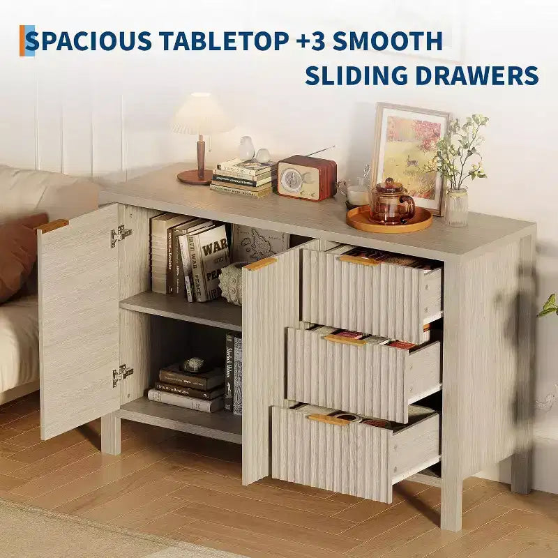 Acekool Modern Fluted 3-Drawer Sideboard Buffet Cabinet, Storage Cabinet for Kitchen or Living Room
