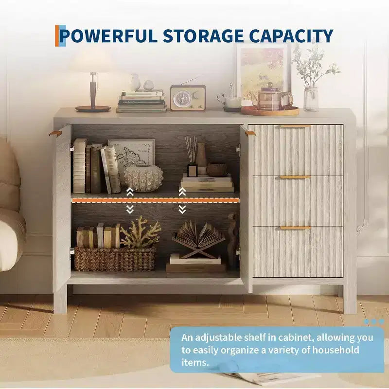 Acekool Modern Fluted 3-Drawer Sideboard Buffet Cabinet, Storage Cabinet for Kitchen or Living Room