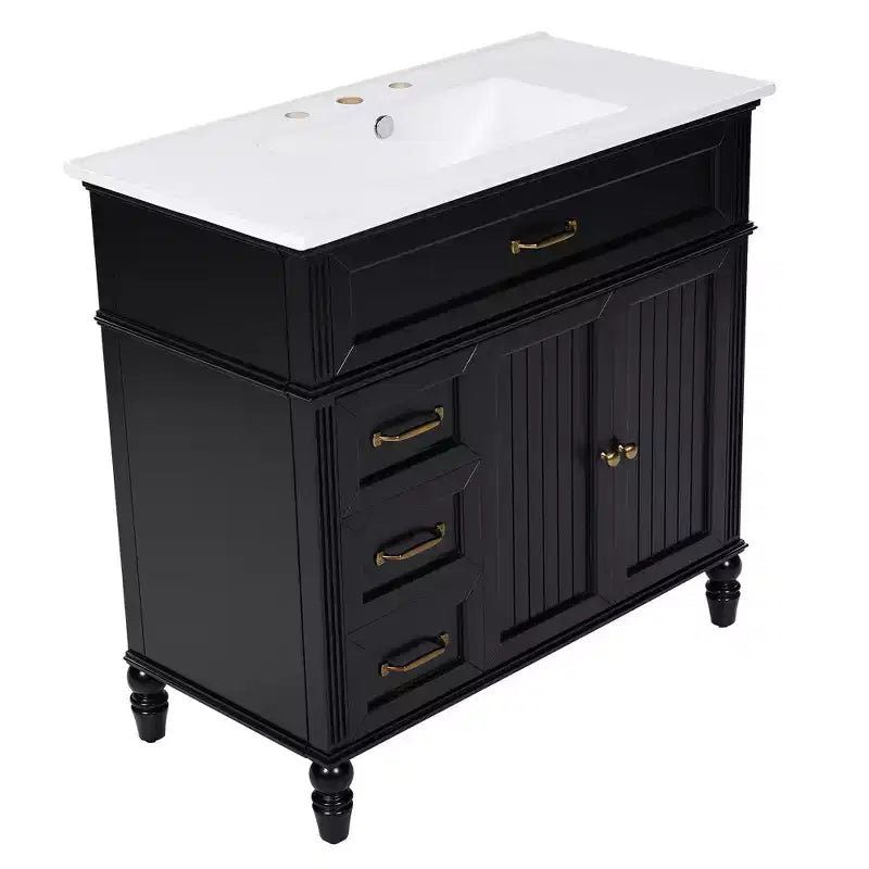 36 Black Bathroom Vanity Sink Combo with Storage , Wood Bathroom Floor Cabinet with Drawers for Small Space