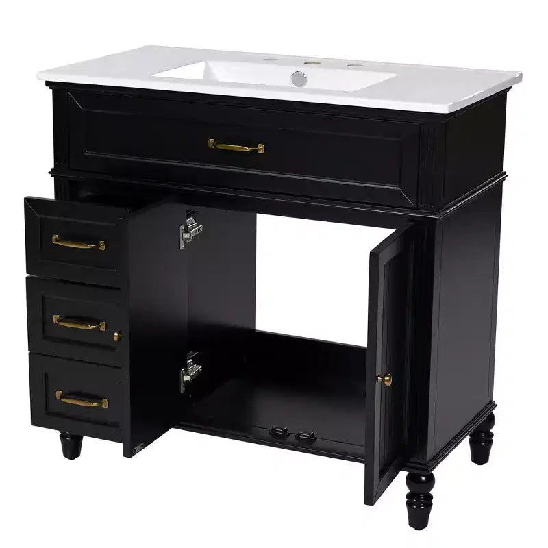 36 Black Bathroom Vanity Sink Combo with Storage , Wood Bathroom Floor Cabinet with Drawers for Small Space