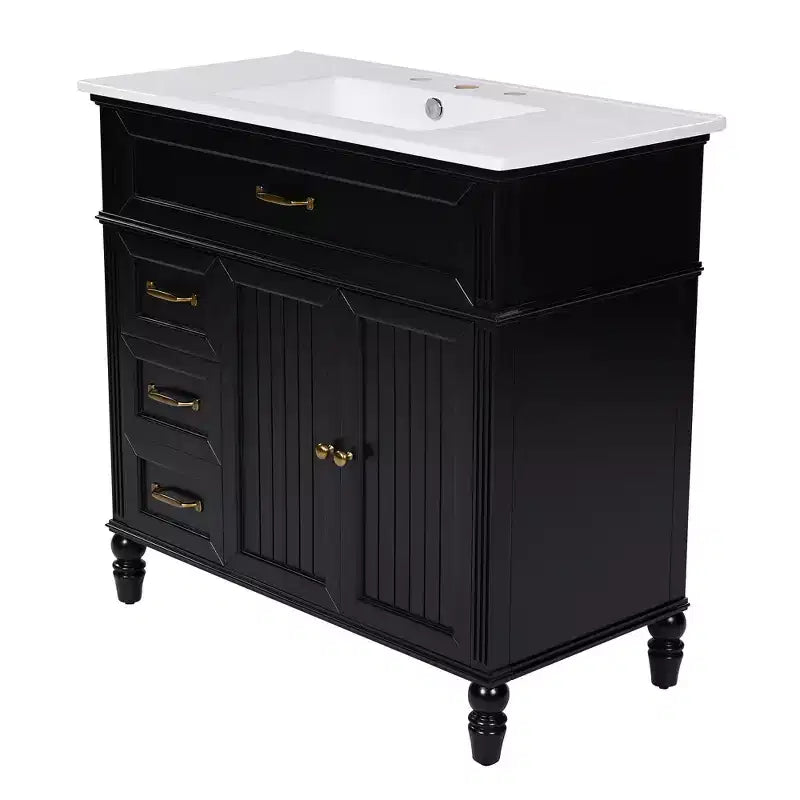 36 Black Bathroom Vanity Sink Combo with Storage , Wood Bathroom Floor Cabinet with Drawers for Small Space