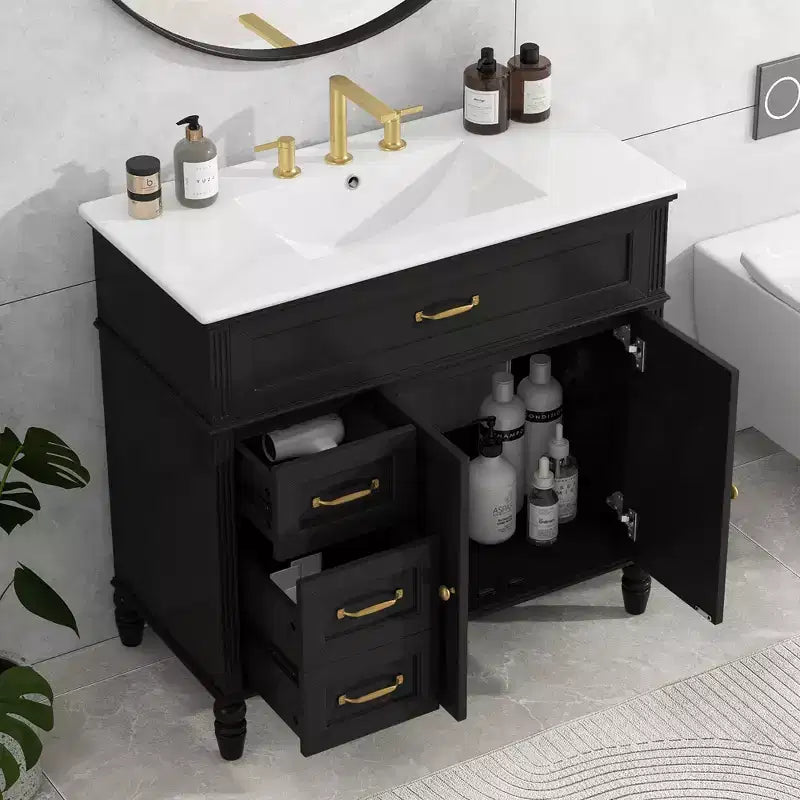 36 Black Bathroom Vanity Sink Combo with Storage , Wood Bathroom Floor Cabinet with Drawers for Small Space