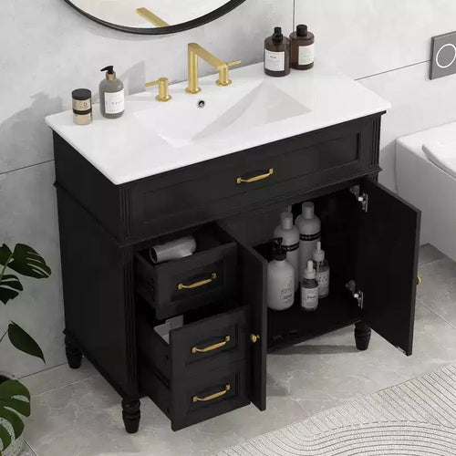 36 Black Bathroom Vanity Sink Combo with Storage , Wood Bathroom Floor Cabinet with Drawers for Small Space