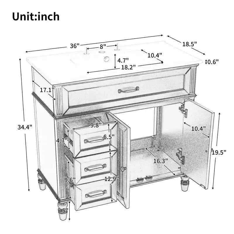 36 Black Bathroom Vanity Sink Combo with Storage , Wood Bathroom Floor Cabinet with Drawers for Small Space