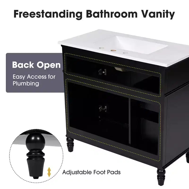 36 Black Bathroom Vanity Sink Combo with Storage , Wood Bathroom Floor Cabinet with Drawers for Small Space