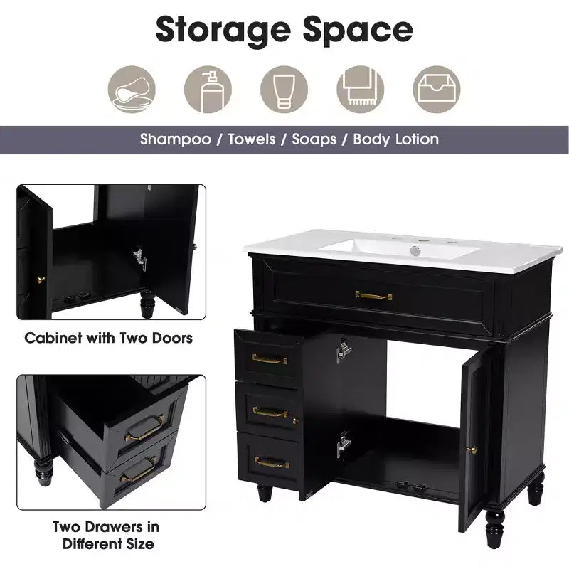 36 Black Bathroom Vanity Sink Combo with Storage , Wood Bathroom Floor Cabinet with Drawers for Small Space