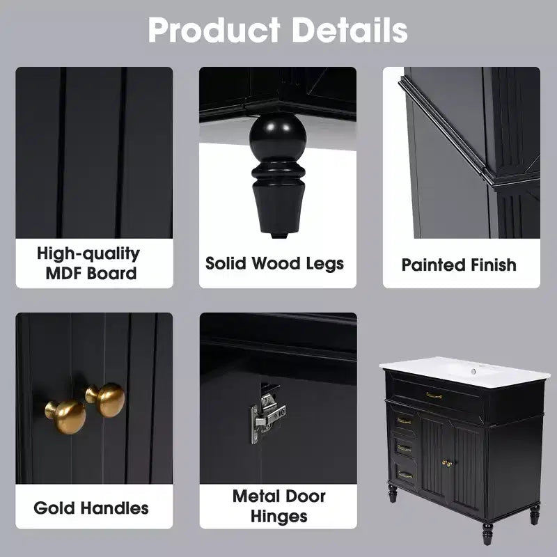36 Black Bathroom Vanity Sink Combo with Storage , Wood Bathroom Floor Cabinet with Drawers for Small Space