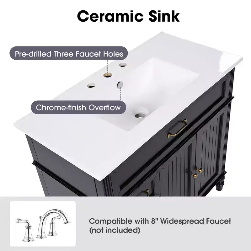 36 Black Bathroom Vanity Sink Combo with Storage , Wood Bathroom Floor Cabinet with Drawers for Small Space