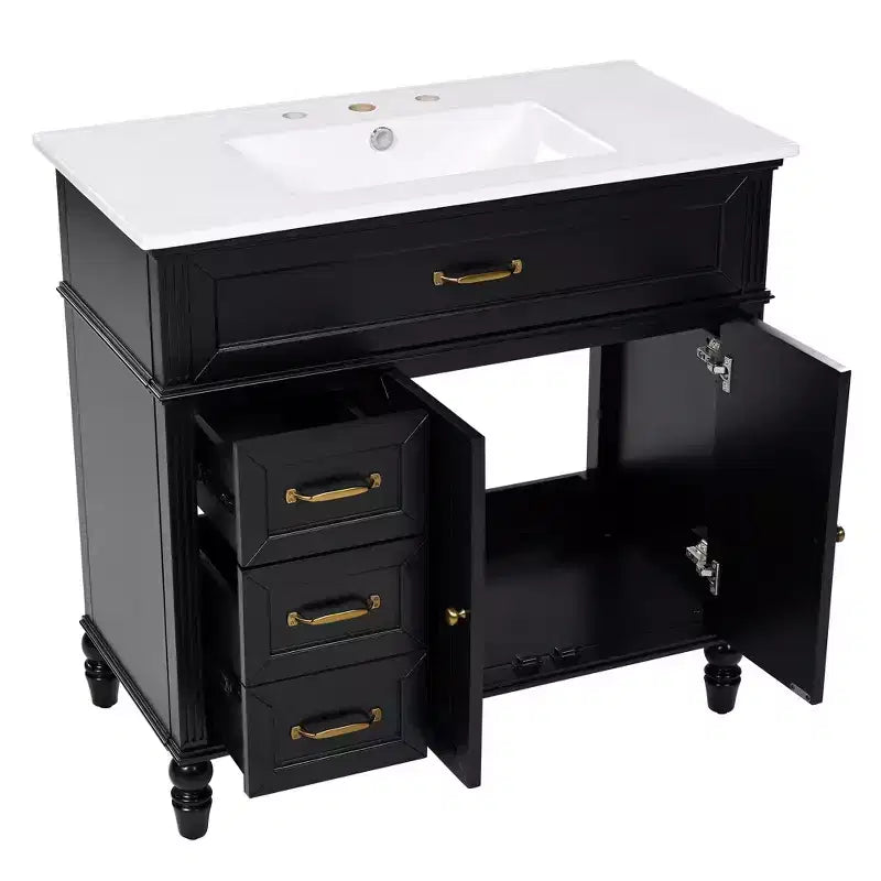 36 Black Bathroom Vanity Sink Combo with Storage , Wood Bathroom Floor Cabinet with Drawers for Small Space