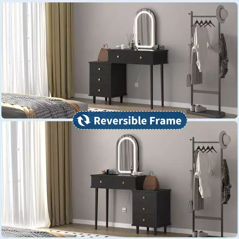 Makeup Vanity Desk with Mirror and Lights, 31W Wooden Dressing Table with 2 Drawers & Cabinet, Modern Makeup Vanity Table for Bedroom