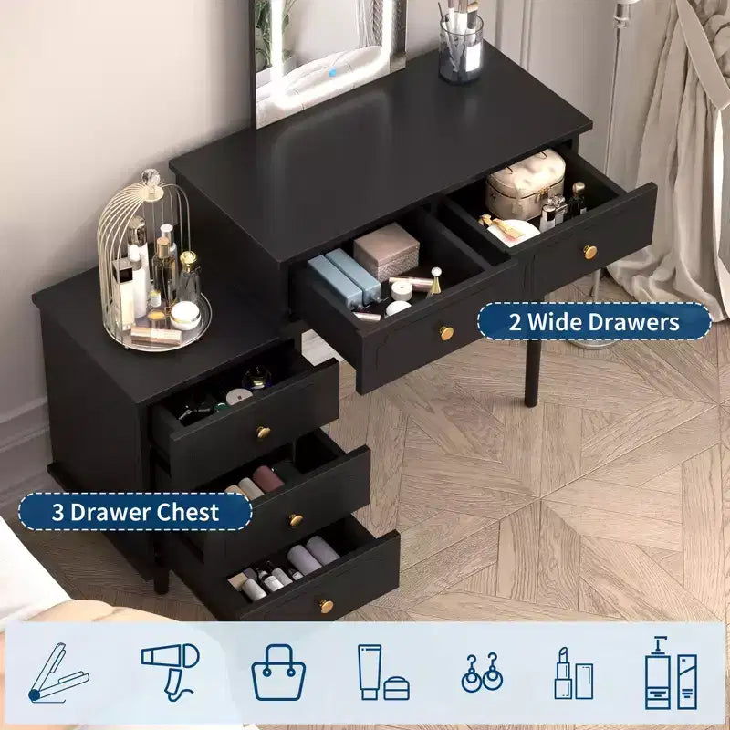 Makeup Vanity Desk with Mirror and Lights, 31W Wooden Dressing Table with 2 Drawers & Cabinet, Modern Makeup Vanity Table for Bedroom