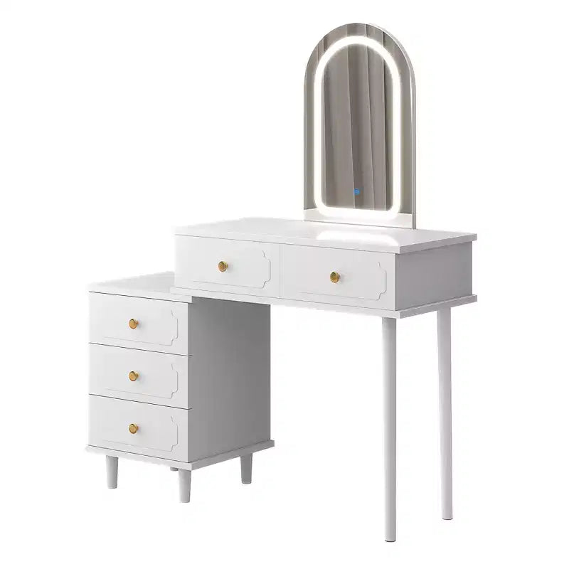 Makeup Vanity Desk with Mirror and Lights, 31W Wooden Dressing Table with 2 Drawers & Cabinet, Modern Makeup Vanity Table for Bedroom
