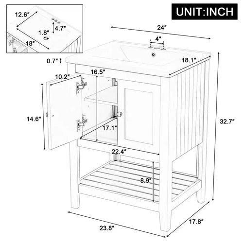 24 Small Bathroom Vanity Sink Combo with Storage , Wood Bathroom Floor Cabinet with Open Shelf