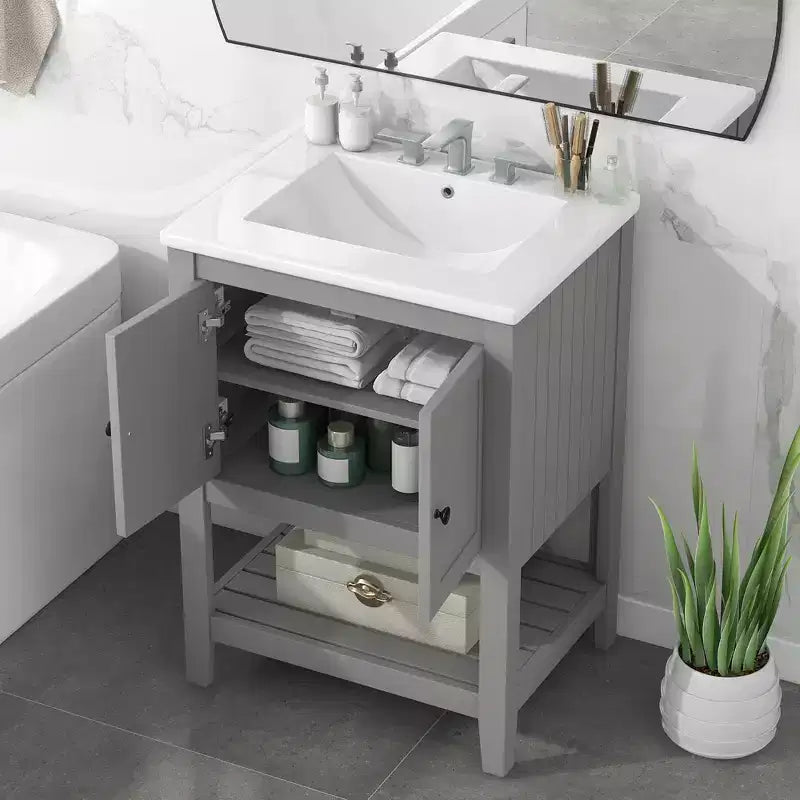 24 Small Bathroom Vanity Sink Combo with Storage , Wood Bathroom Floor Cabinet with Open Shelf