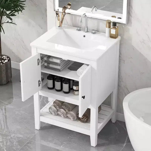 24 Small Bathroom Vanity Sink Combo with Storage , Wood Bathroom Floor Cabinet with Open Shelf