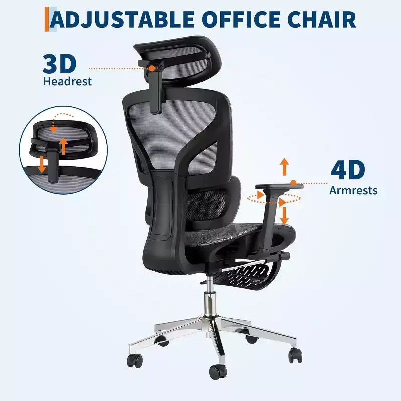 Acekool Ergonomic Mesh Office Chair with Footrest, 4D Armrests & Adjustable Lumbar for Home or Gaming Room