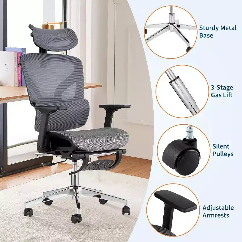 Acekool Ergonomic Mesh Office Chair with Footrest, 4D Armrests & Adjustable Lumbar for Home or Gaming Room