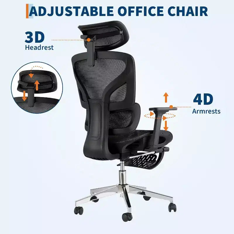Acekool Ergonomic Mesh Office Chair with Footrest, 4D Armrests & Adjustable Lumbar for Home or Gaming Room