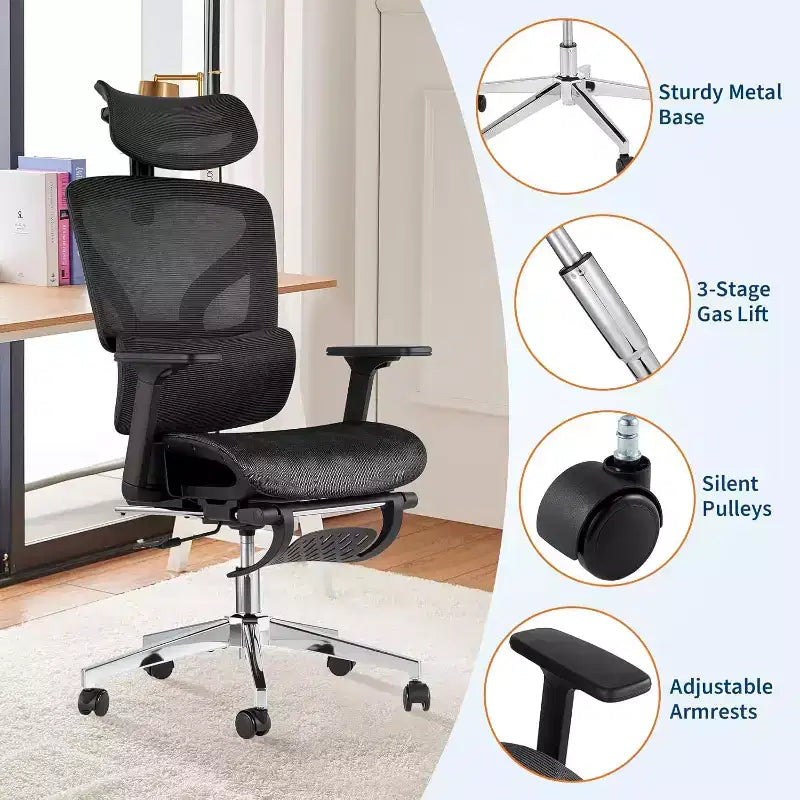 Acekool Ergonomic Mesh Office Chair with Footrest, 4D Armrests & Adjustable Lumbar for Home or Gaming Room
