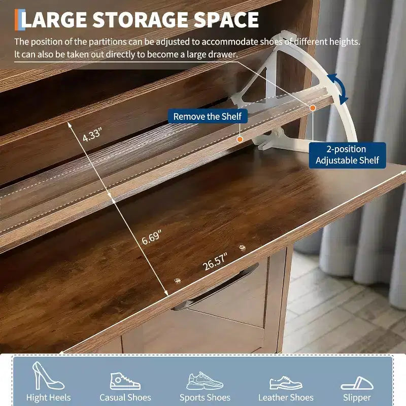 4-Drawer Flip Shoe Cabinet, Freestanding Hidden Shoe Organizer with Metal Legs & Solid Wood Doors, Narrow Entryway Shoe Storage for Hallway Foyer